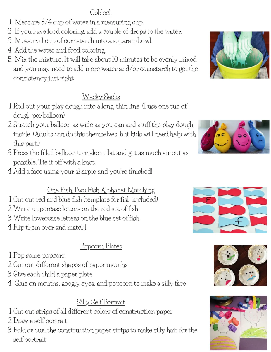 Family Fun Day Camp, Wacky Wednesday theme — craft how-tos: oobleck, wacky sacks, fish alphabet matching, popcorn plates, silly self portrait